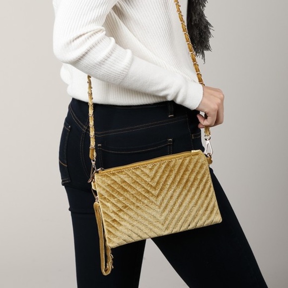 Velvet Chevron Crossbody Bag & Wristlet Mustard - Picture 4 of 6